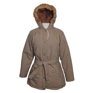 Vtg 80s Woolrich Tan Hooded Button Up Full Zip Down Filled Puffer Coat Parka L